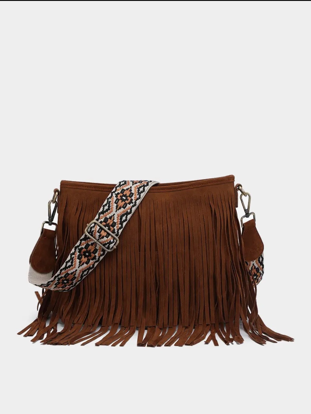 Fringed Faux Suede Crossbody Bag in Brown